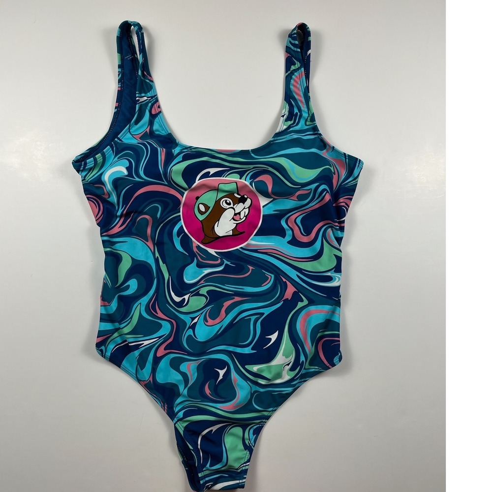 Buc-ee's Womens Swirl Marble One Piece Swimsuit Teal Pink Logo Size Medium NWT